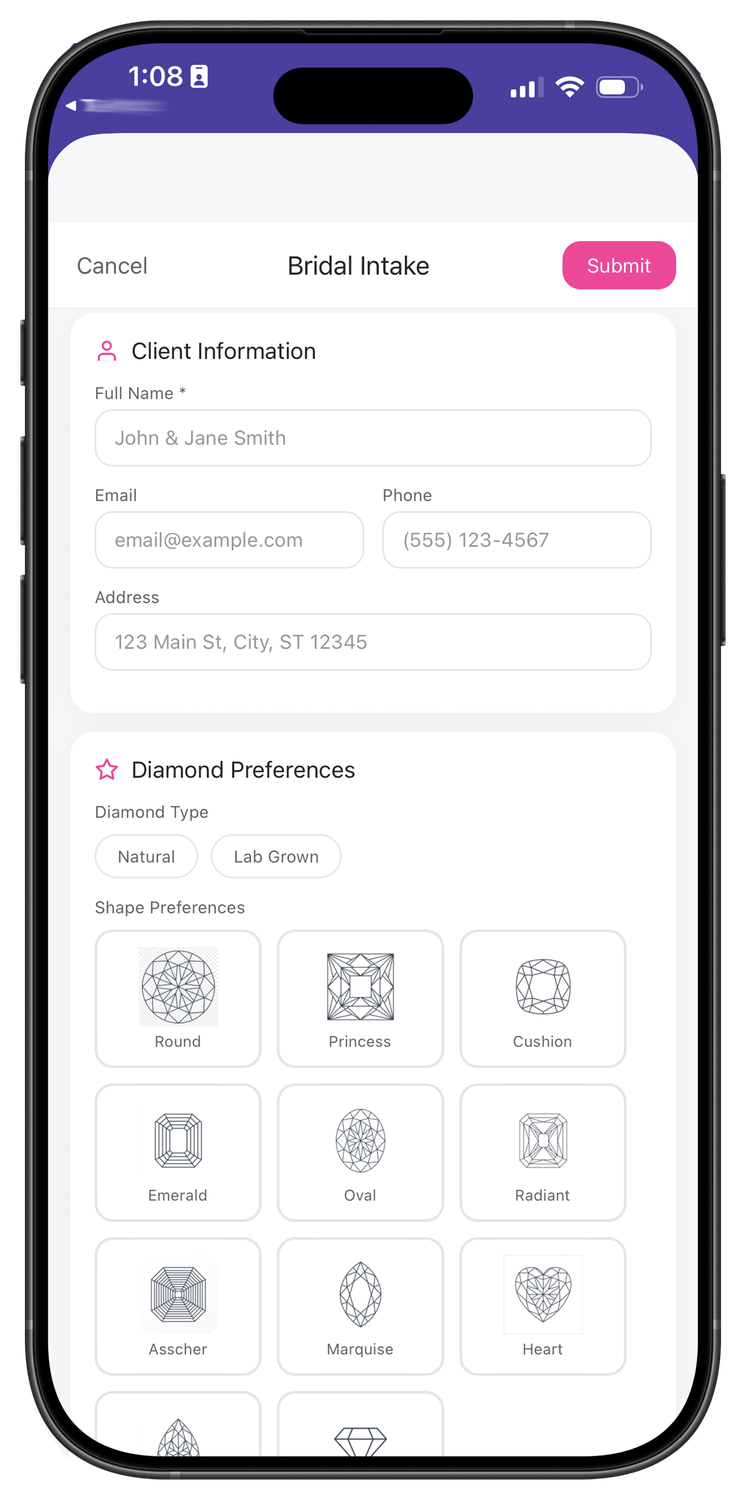 JewelLink bridal intake form