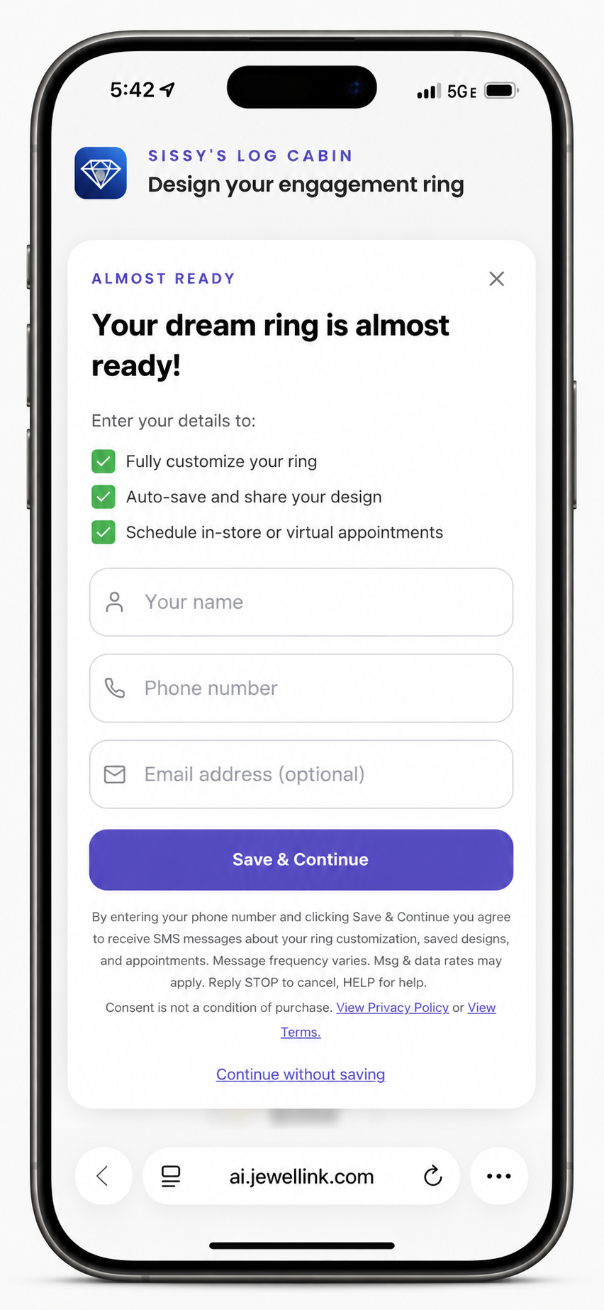 Ring builder save and continue form
