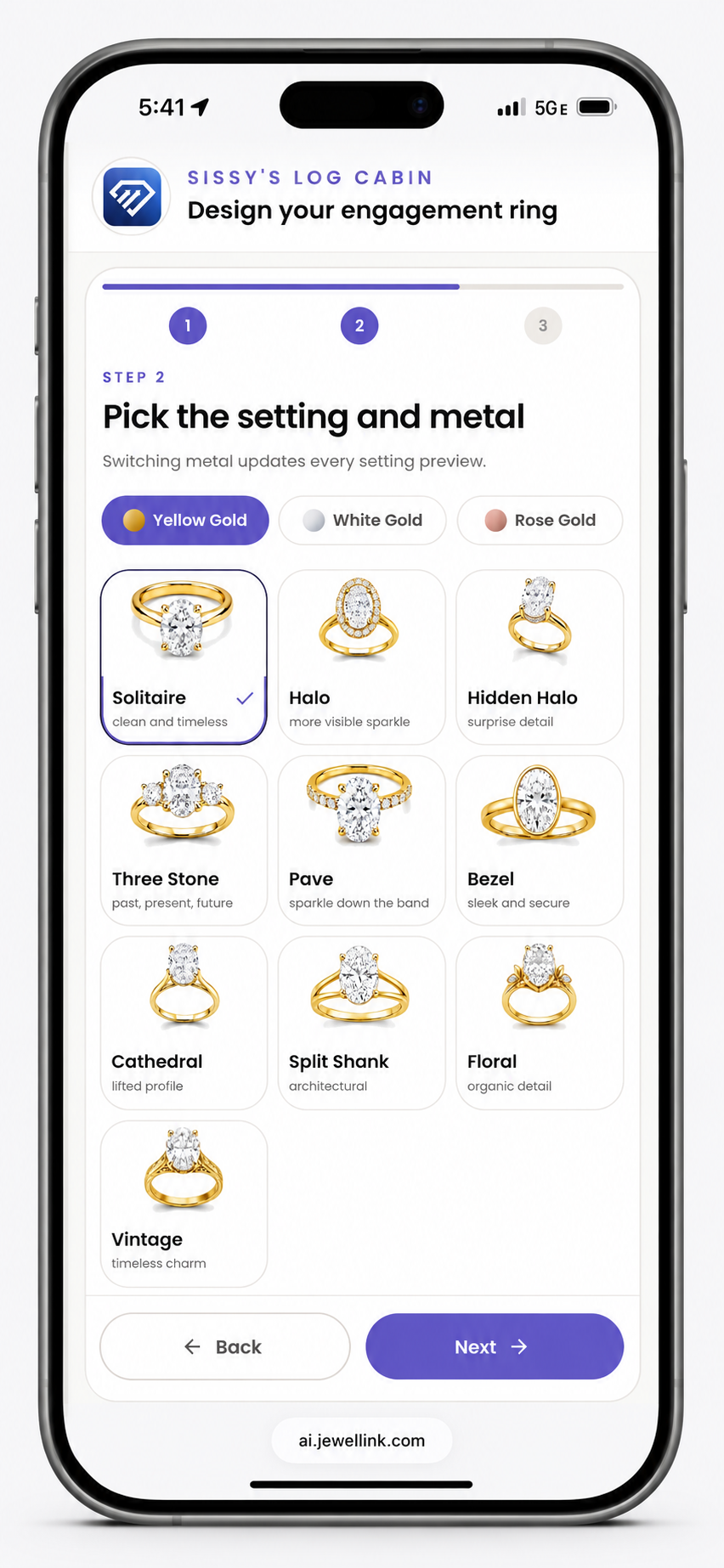 Private label ring builder setting and metal step