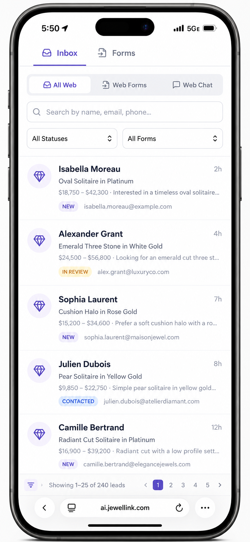 JewelLink web lead inbox
